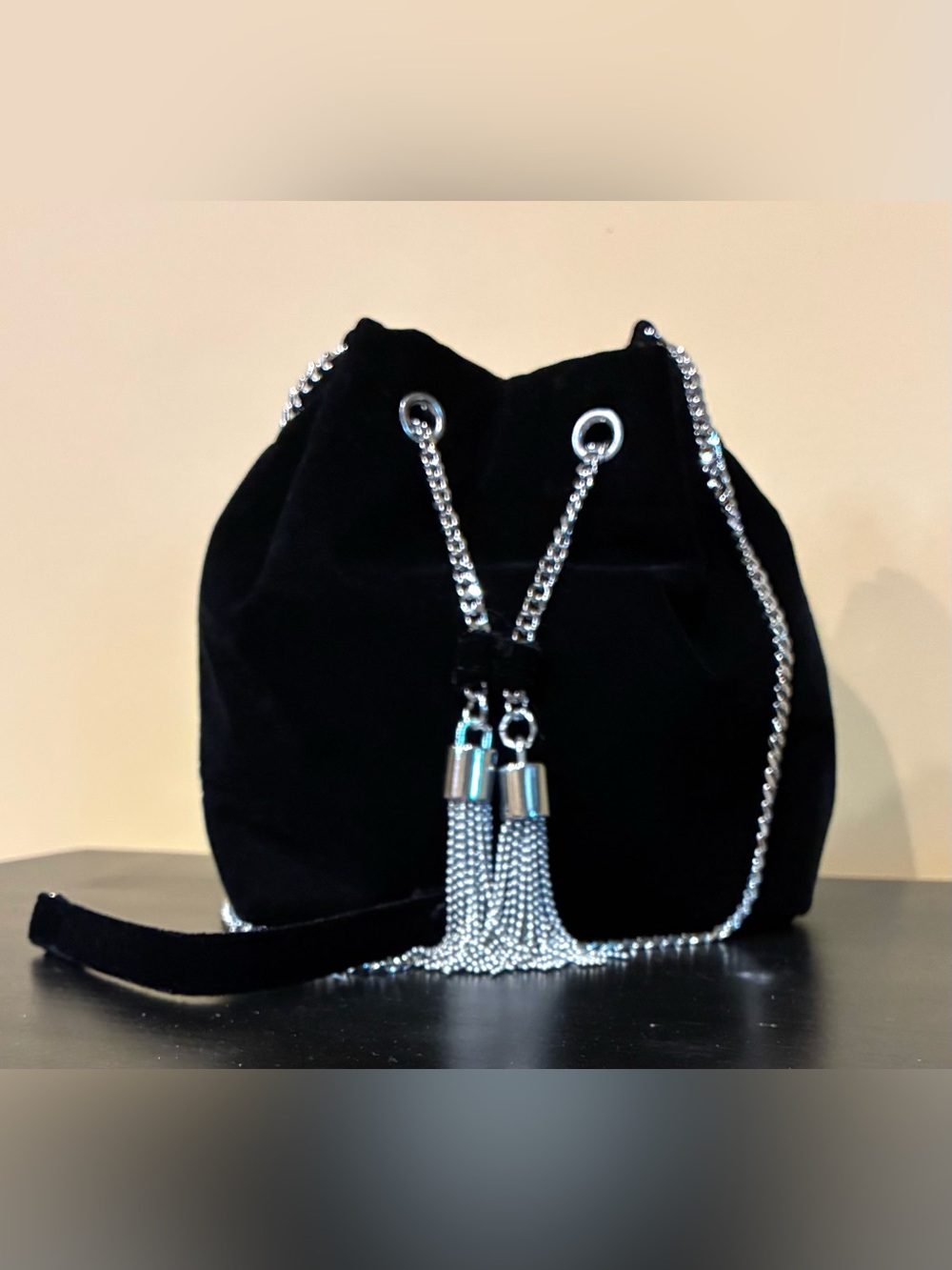 white house black market Purse Black Velvet Chain Drawstring And Tassels